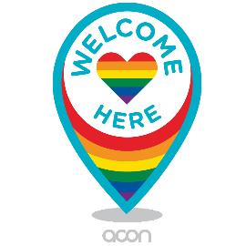 Welcome Here logo featuring rainbow colours